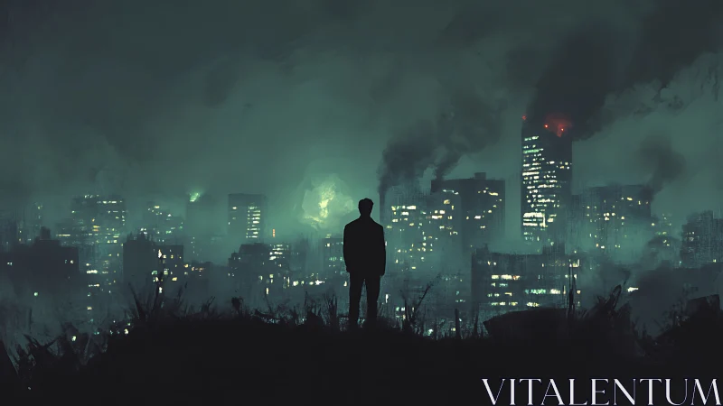 Cyberpunk skyline silhouette against toxic industrial haze.