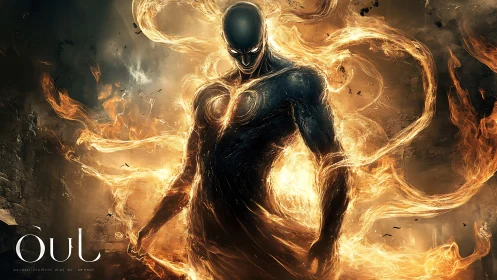 Molten shadow guardian engulfed in swirling firestorm flames.
