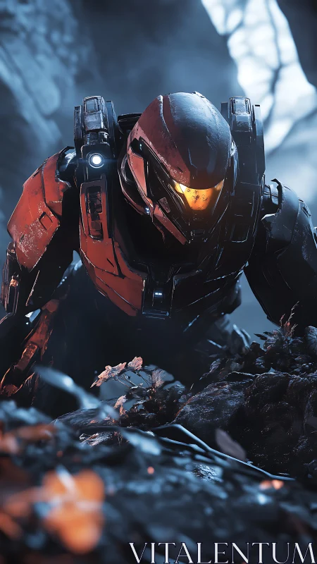 Armored scout advancing through misty alien ravine.