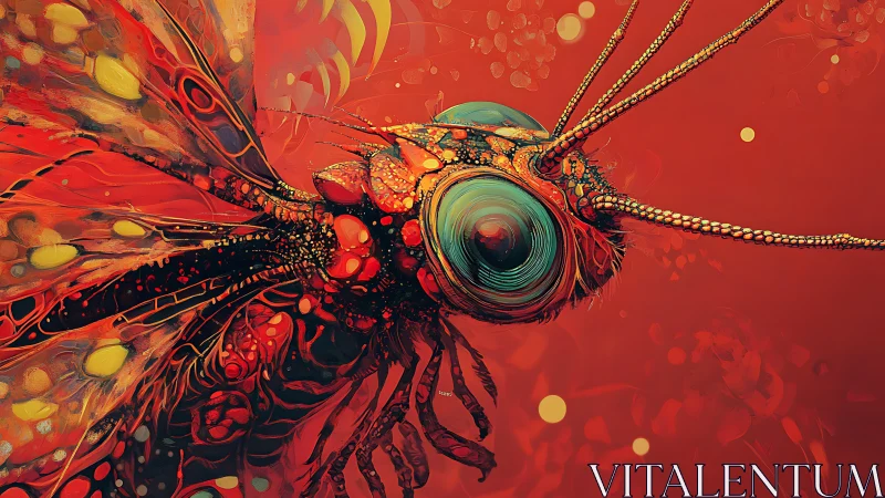 Abstract insect portrait on vivid red background.