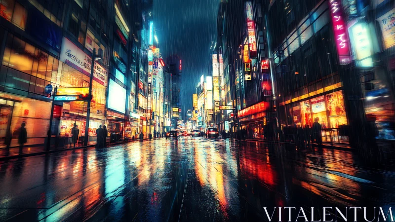 Neon rainlit avenue where city ghosts blur into color storms.