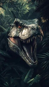 Roaring Tyrannosaurus rex emerges from dense jungle shadows