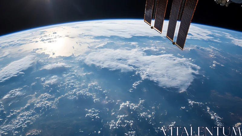 Low Earth orbit vista with ISS solar arrays over blue horizon.