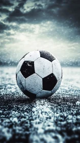 Snow-dusted soccer ball on frosty pitch at twilight.
