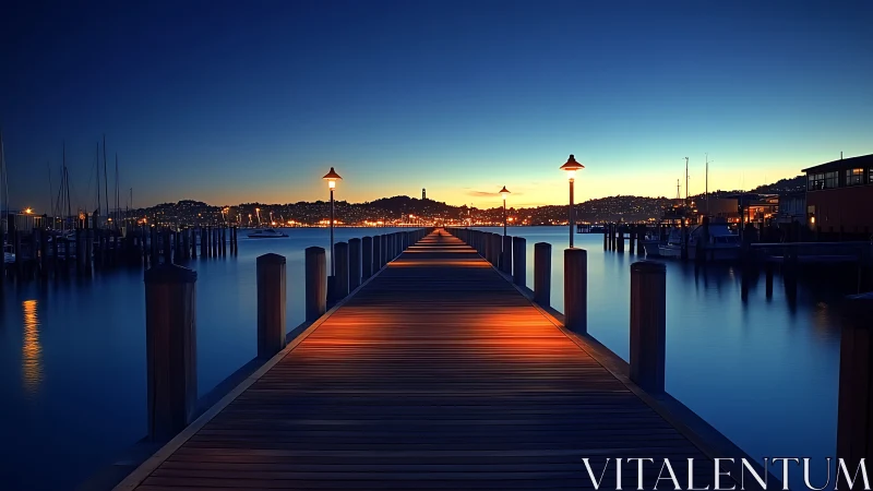 Golden dusk walkway leading into a calm harbor evening.