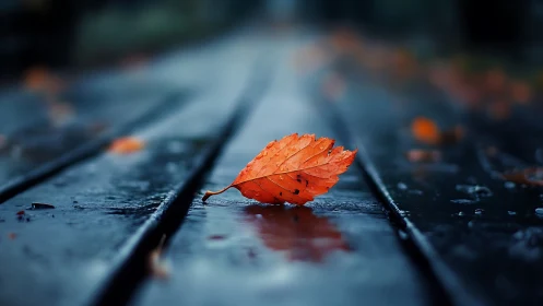 Solitary autumn leaf glowing on rain-darkened bench boards.