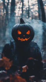 Jack-o-lantern figure glows ominously in a misty autumn forest