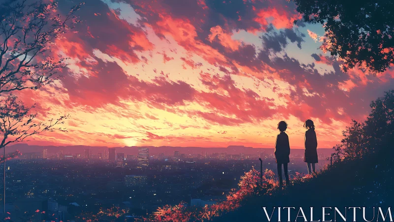 Sunset silhouettes overlooking vivid anime cityscape horizon.