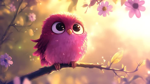 Adorable Pink Owl Illustration in a Dreamy Floral Setting.