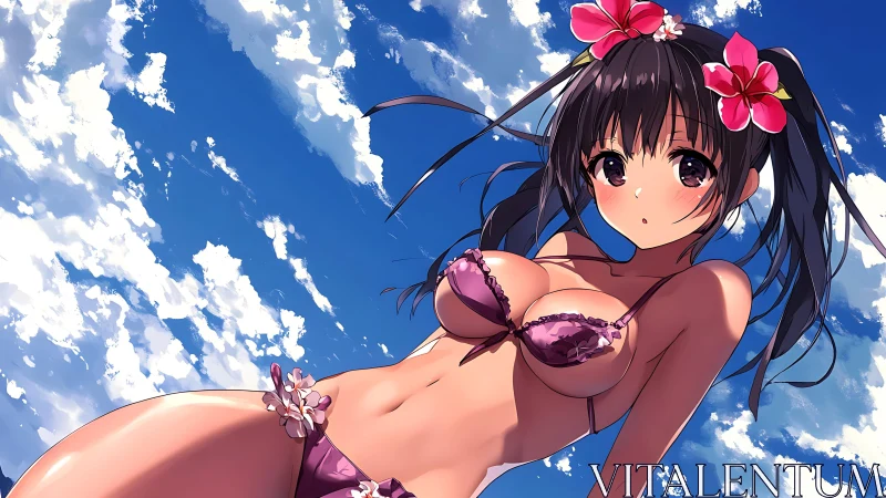 Anime girl in pink bikini against blue sky with clouds.
