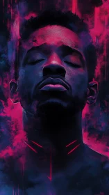 Neon lit portrait of man with closed eyes in pink clouds.