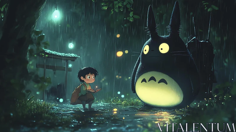 Boy meets glowing forest spirit under rainy lantern path.