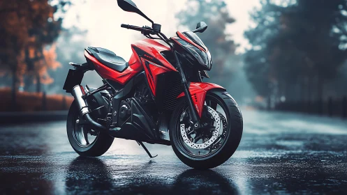 Red sport motorcycle stands on wet road in overcast light