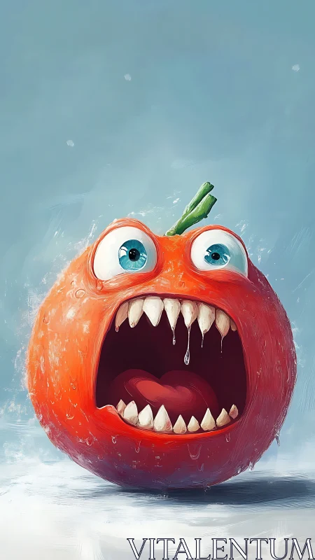 Surprised monster tomato with dripping fangs in spotlight.