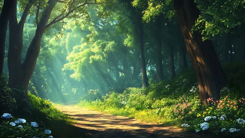 Sunlit Forest Path with Wildflowers in Dreamy Digital Art Style.