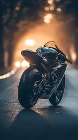 Midnight sport bike waits on a glowing city street