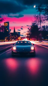 Neon dusk drive with a sleek city sports car in motion.