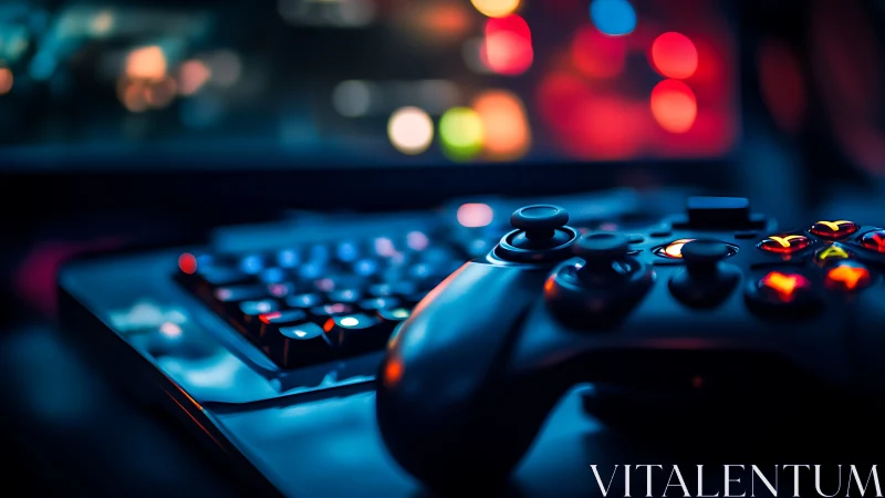 Gaming controller rests before keyboard under neon bokeh glow