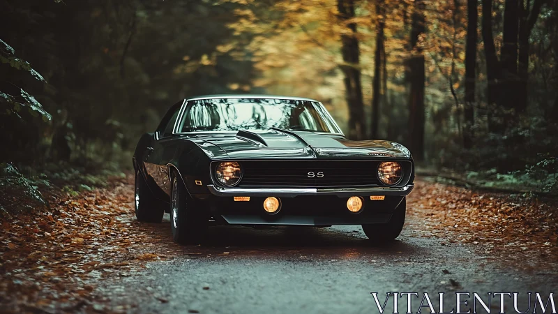 Midnight muscle car prowling a golden autumn forest road.