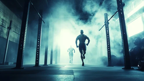 Silhouetted runners powering through smoky weight gym.