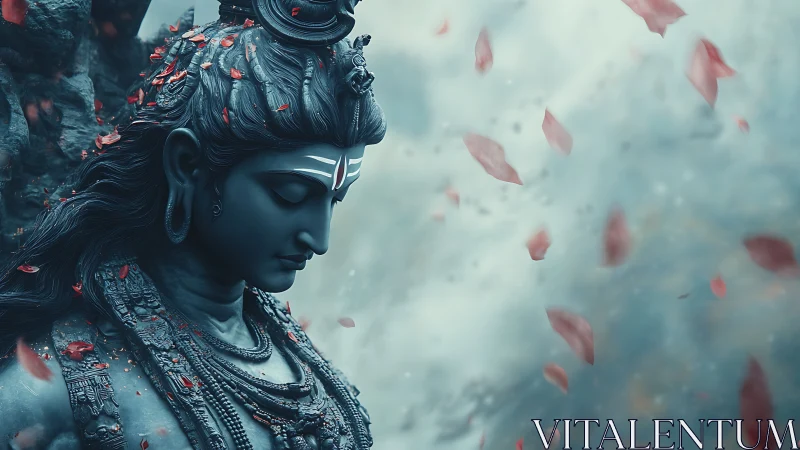 Divine blue deity statue in serene falling petals haze.