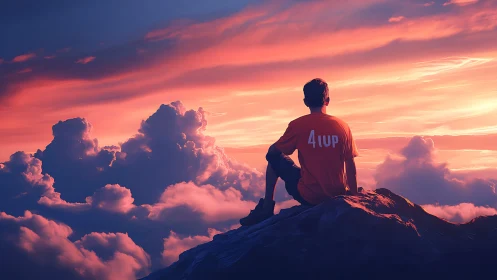 Solitary dreamer watches a blazing sunset above soft clouds