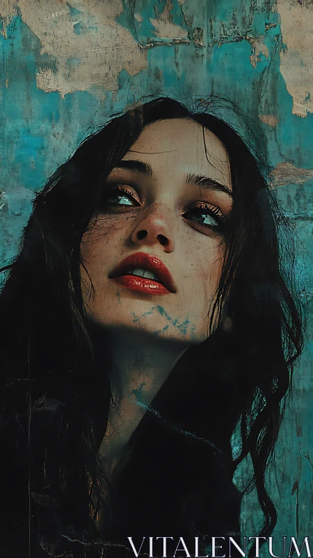 Moody painted portrait of young woman against teal wall.