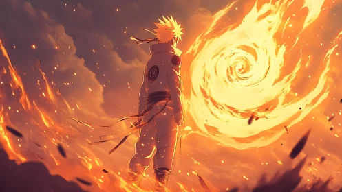Fiery anime warrior commands swirling inferno skystorm.