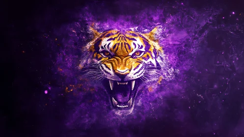 Tiger head graphic emerges from dense purple digital smoke