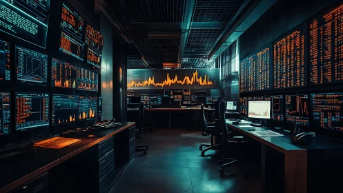 Glowing data command center alive with charts and screens.