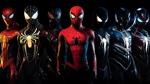 Multiple Spider-Man style suits in dramatic lineup.