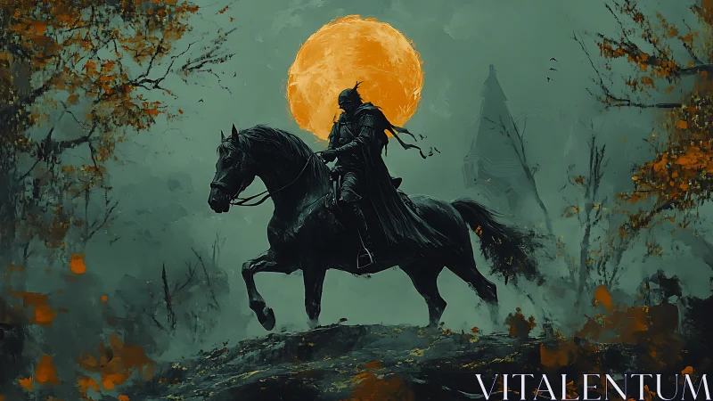 Midnight rider crosses a haunted forest beneath burning moon