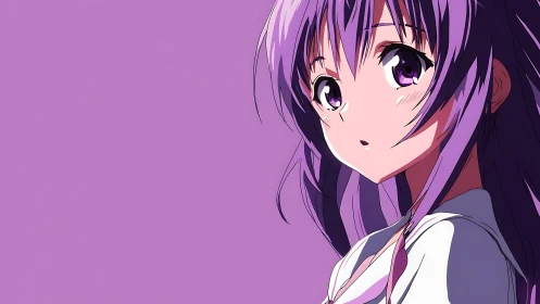 Soft purple gaze of a thoughtful anime girl invites wonder