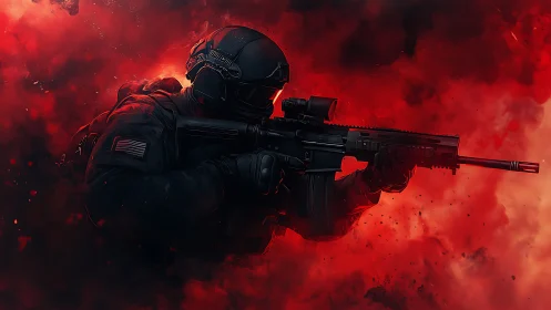 Tactical soldier advancing through blazing red battlefield clouds.
