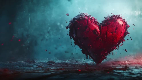 Fragmented heart form suspended in teal atmospheric space.