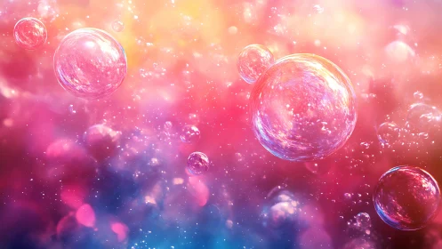 Iridescent soap bubbles drift through vibrant cosmic light.