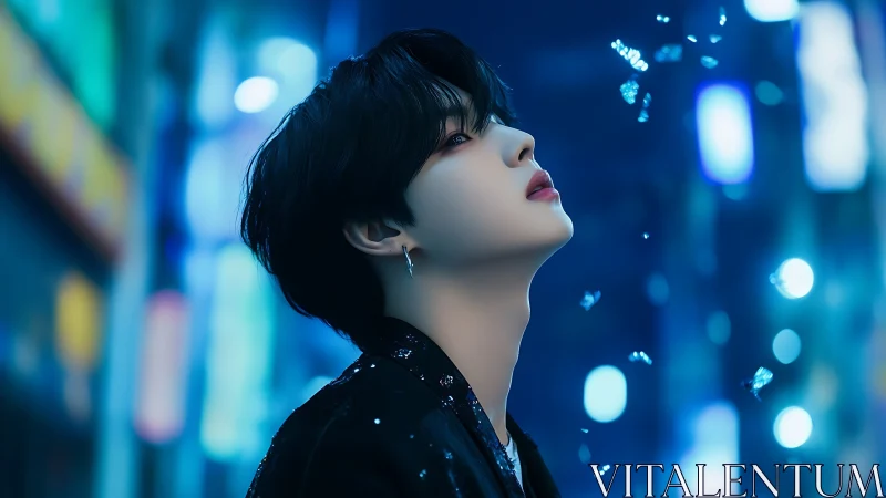 Pensive youth gazes upward amid neon city night glow