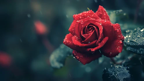 Red Rose with Raindrops: Shallow Depth and Cinematic Color.
