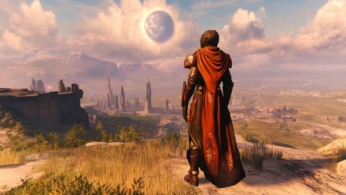 Armored sentinel overlooking alien valley under fractured moon