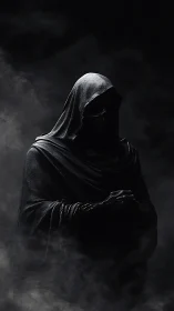 Shrouded hooded figure stands in swirling smoke and darkness