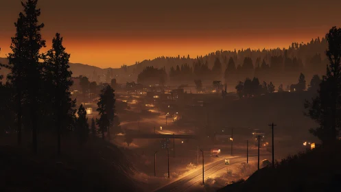 Amber dusk over pine valley roads and sleepy town lights.