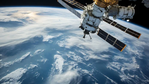 Orbital outpost drifts above swirling blue Earth below