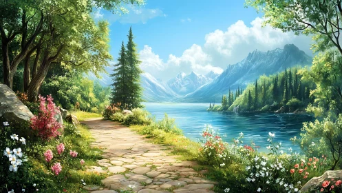 Stone path through lakeside forest and distant mountains.