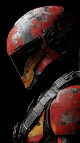 Battle-worn sci-fi trooper stands in dramatic side profile.
