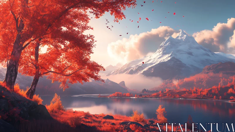 Crimson autumn lakeside beneath snow-capped alpine peak.