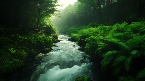 Stream flowing through densely vegetated forest with pervasive canopy
