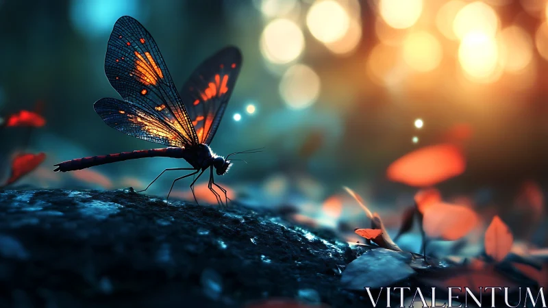 Dragonfly on forest floor in warm glowing backlight.
