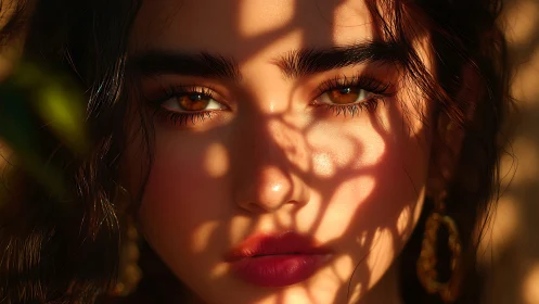 Sunlit portrait under patterned shadow lattice glow.