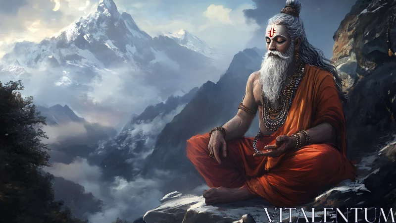 Mountain ascetic seated on rocky ledge in orange robes.