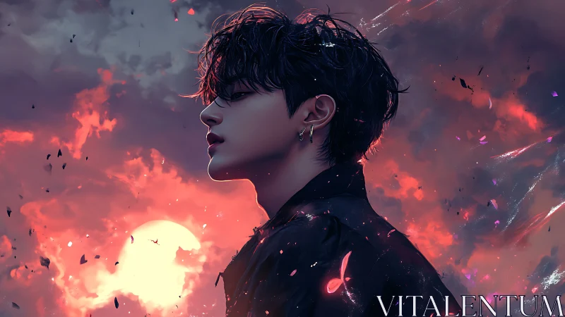 Brooding youth framed against burning sunset sky